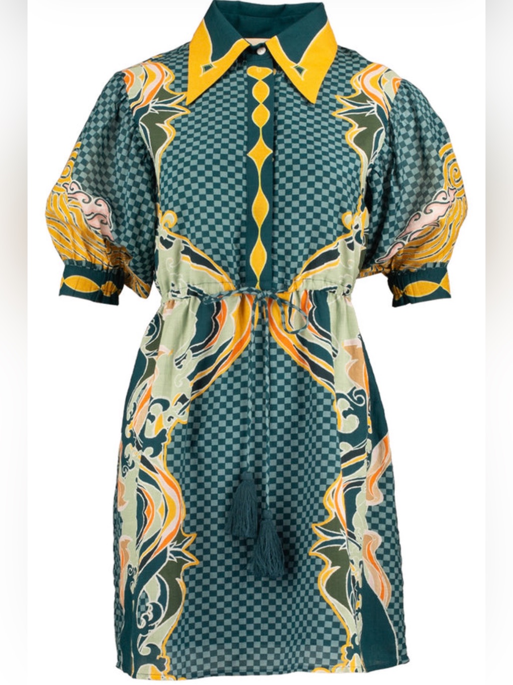 Teal And Mustard Yellow Celia Dress By Anna Cate.